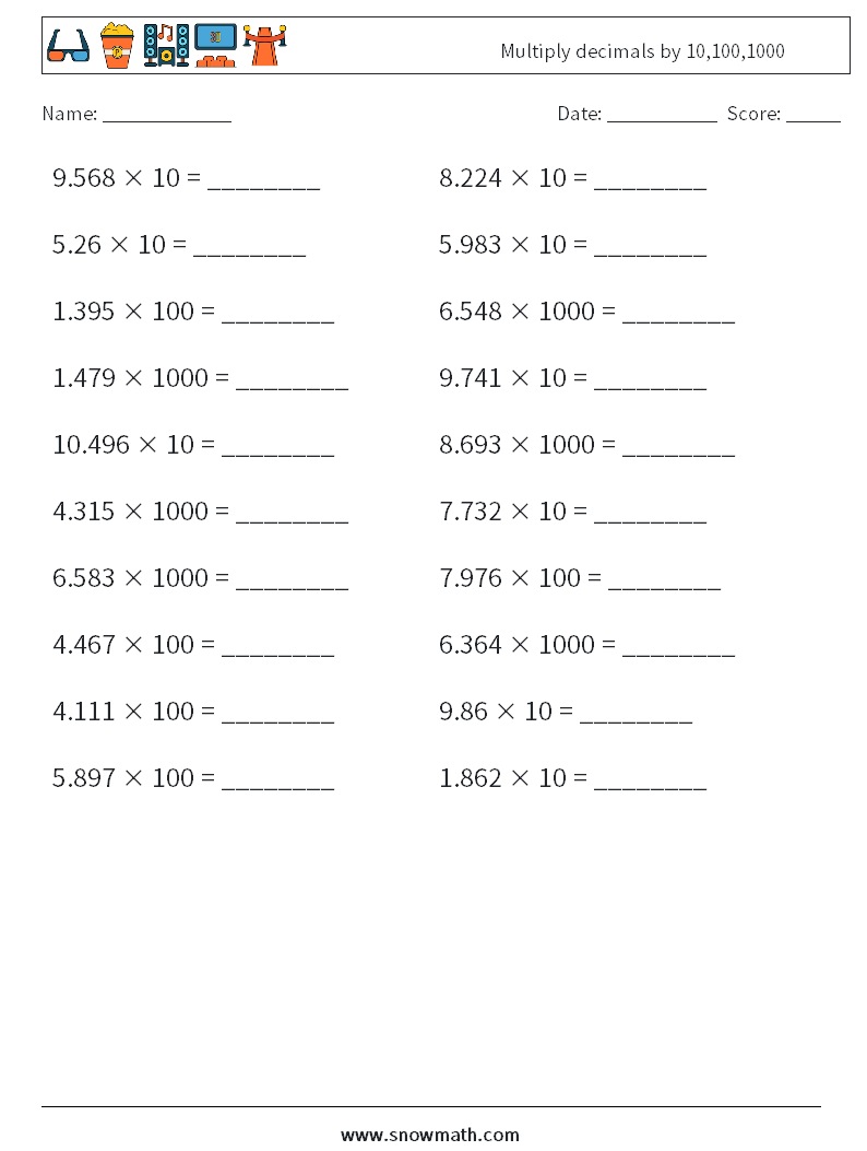 Multiply decimals by 10,100,1000 Maths Worksheets 14