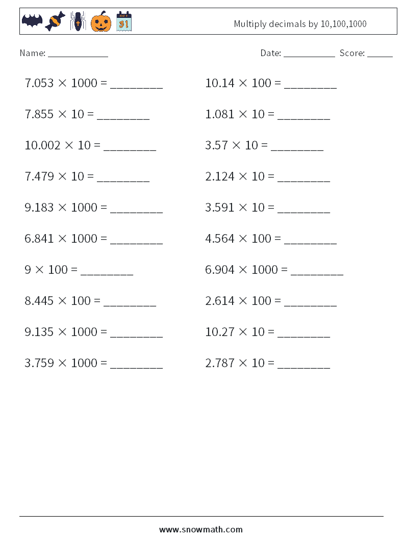 Multiply decimals by 10,100,1000 Maths Worksheets 15