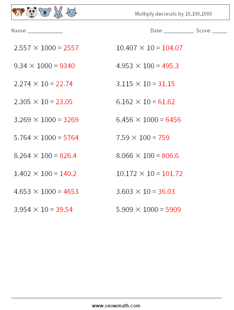 Multiply decimals by 10,100,1000 Maths Worksheets 16 Question, Answer