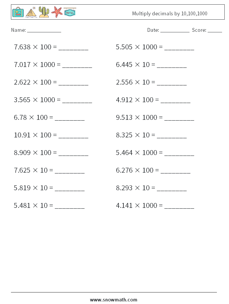 Multiply decimals by 10,100,1000 Maths Worksheets 17