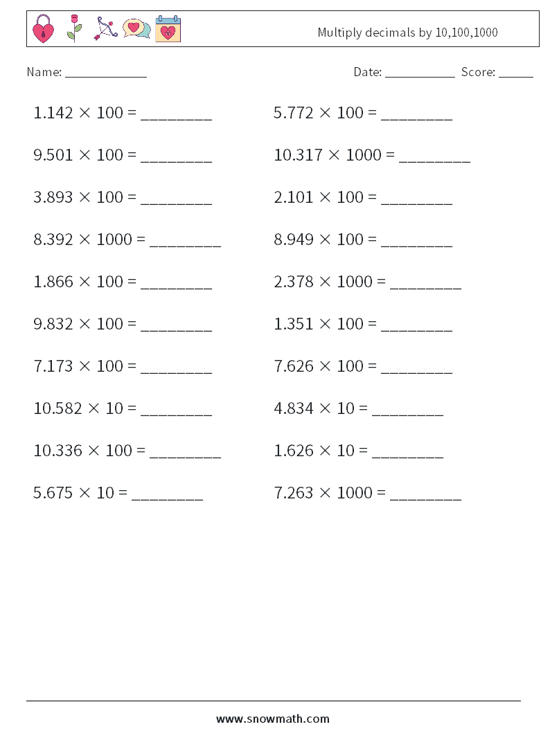 Multiply decimals by 10,100,1000 Maths Worksheets 18