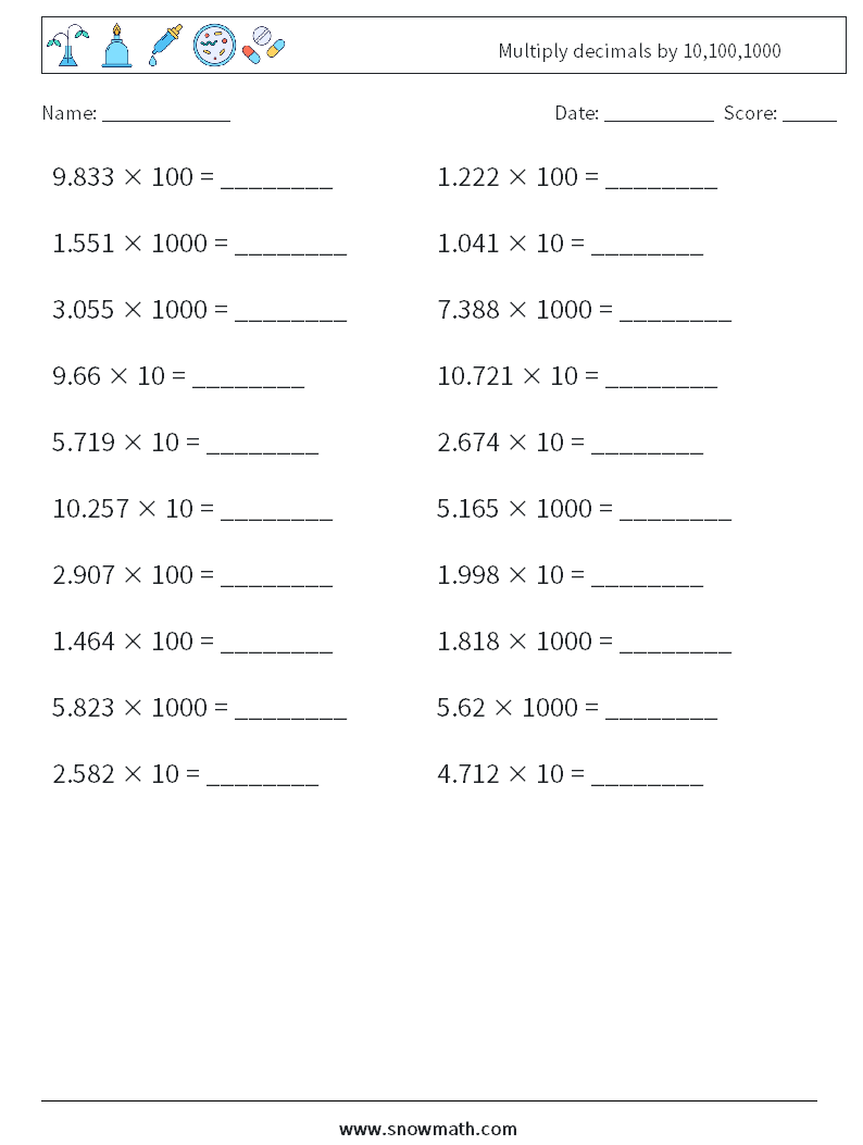 Multiply decimals by 10,100,1000 Maths Worksheets 4