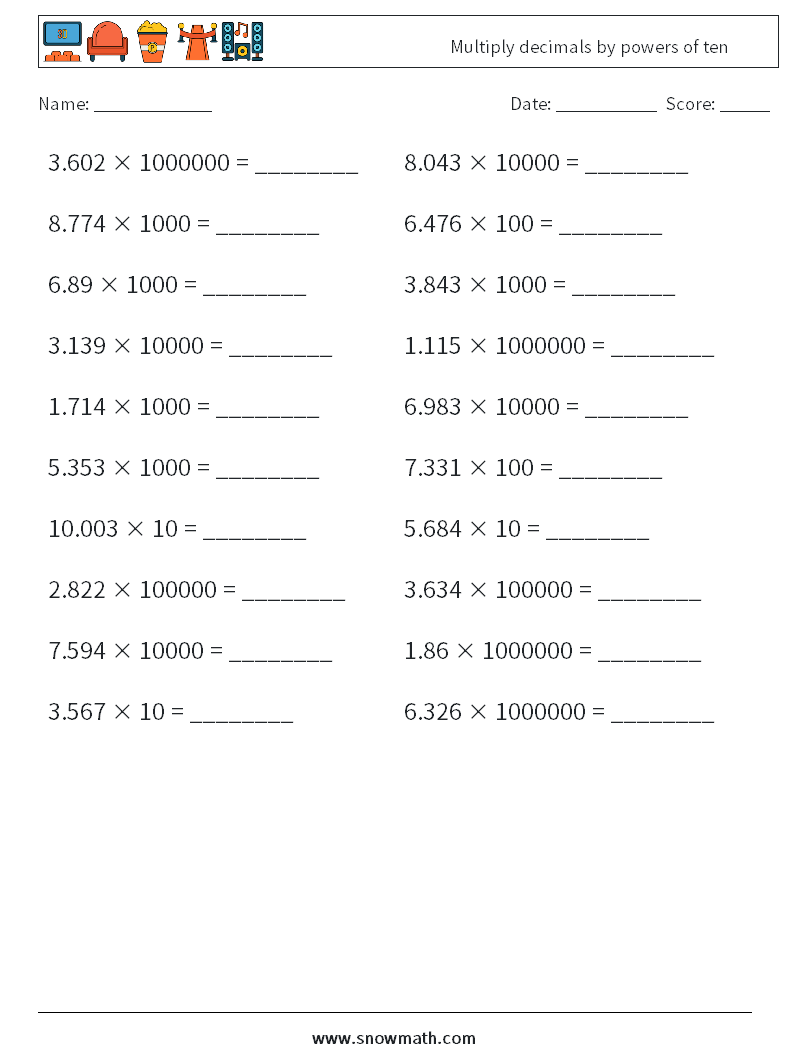 Multiply decimals by powers of ten Maths Worksheets 10