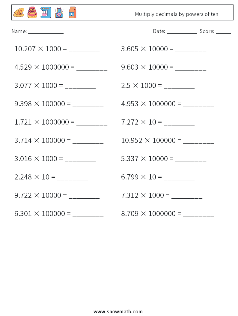Multiply decimals by powers of ten Maths Worksheets 12