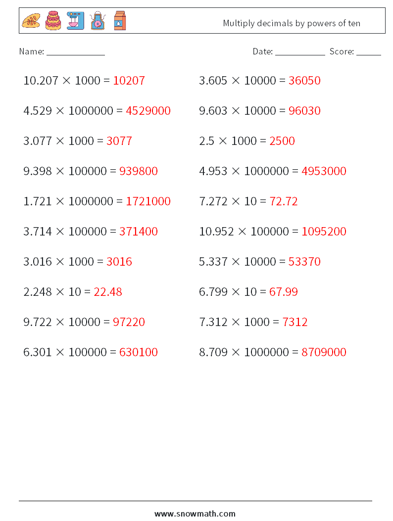 Multiply decimals by powers of ten Maths Worksheets 12 Question, Answer