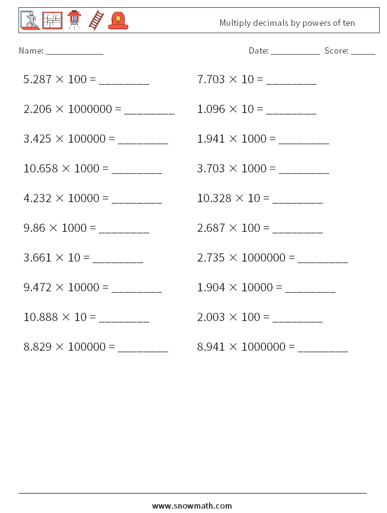 Multiply decimals by powers of ten Maths Worksheets 13