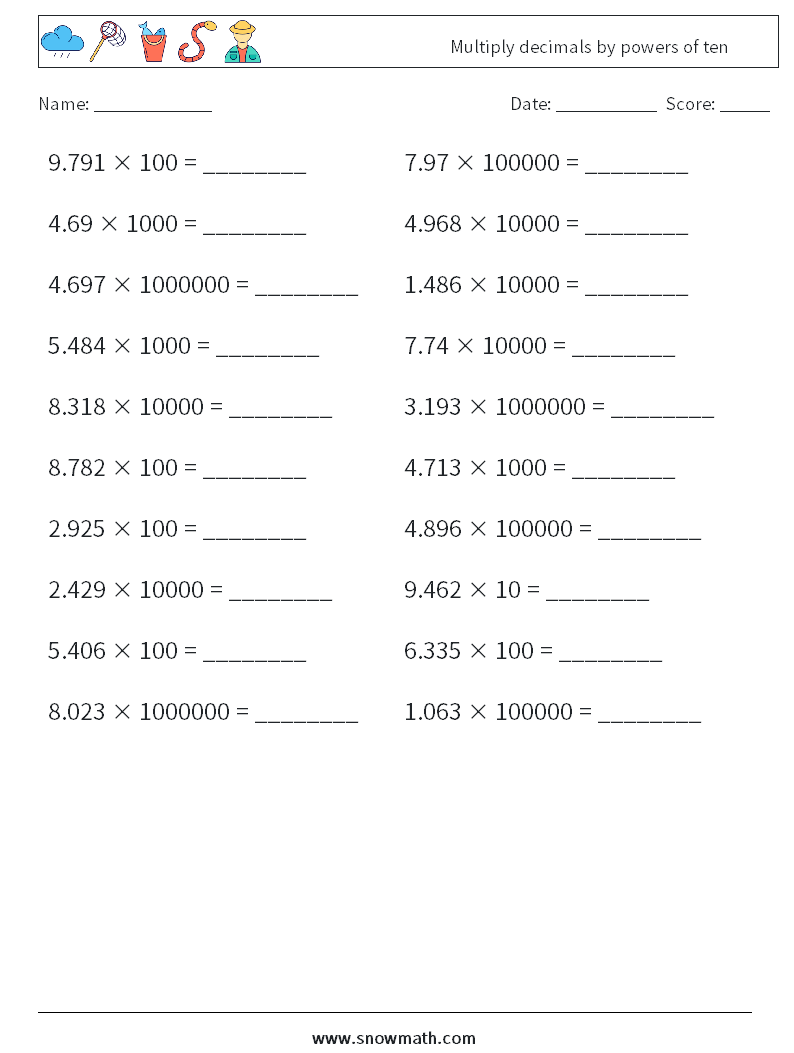 Multiply decimals by powers of ten Maths Worksheets 14