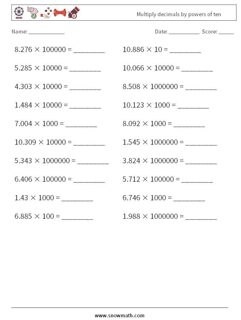 Multiply decimals by powers of ten Maths Worksheets 15