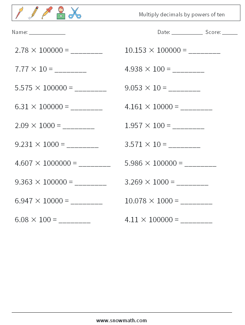 Multiply decimals by powers of ten Maths Worksheets 16