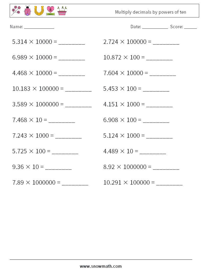 Multiply decimals by powers of ten Maths Worksheets 2