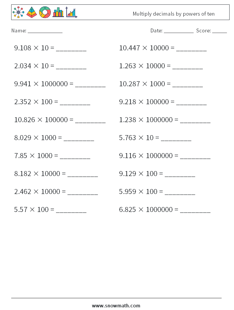 Multiply decimals by powers of ten Maths Worksheets 3