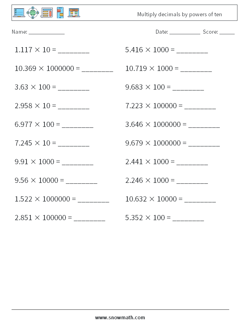 Multiply decimals by powers of ten Maths Worksheets 4