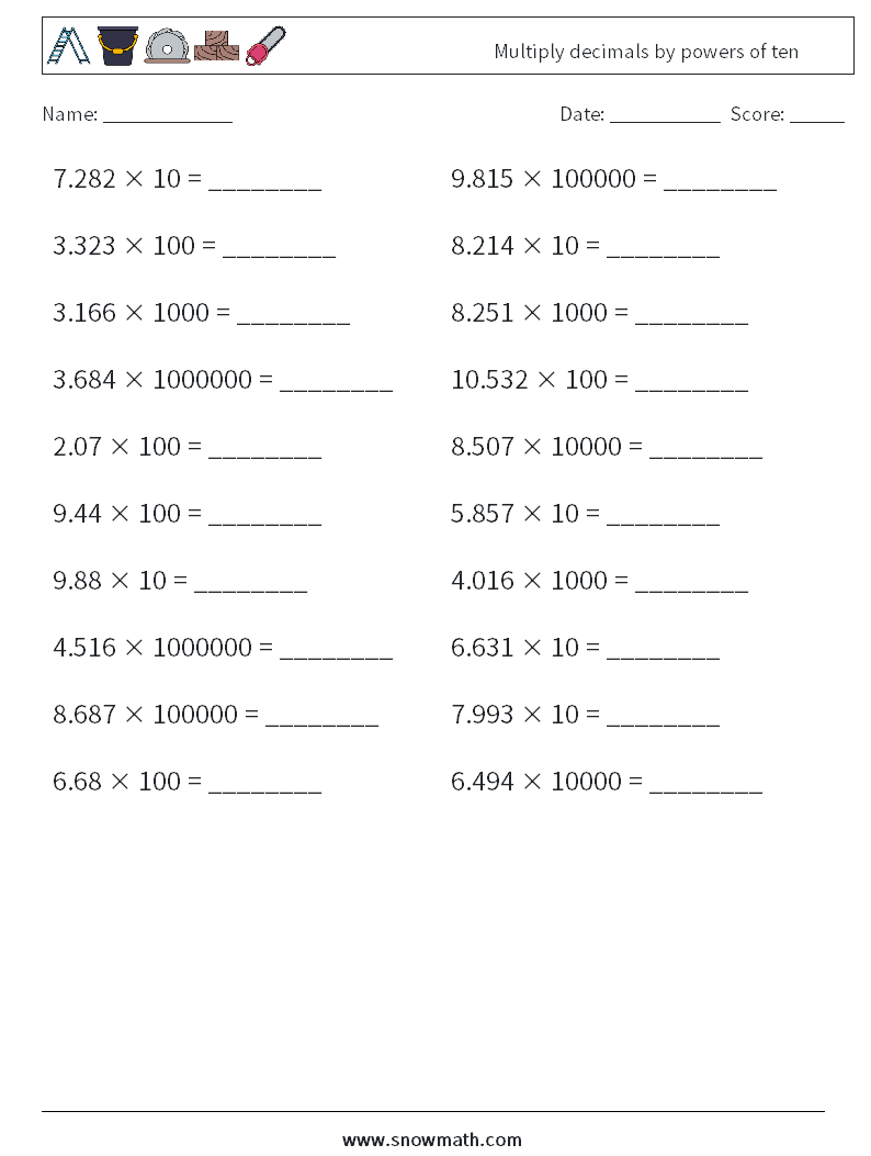 Multiply decimals by powers of ten Maths Worksheets 5
