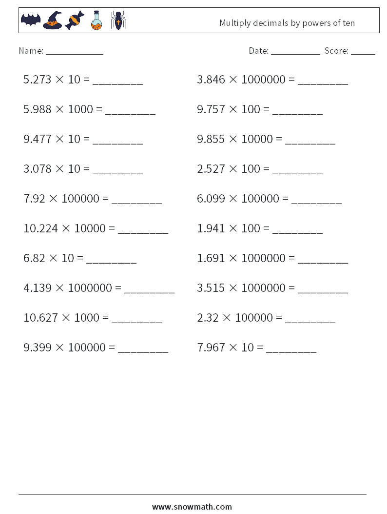 Multiply decimals by powers of ten Maths Worksheets 6