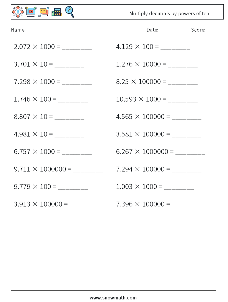 Multiply decimals by powers of ten Maths Worksheets 8