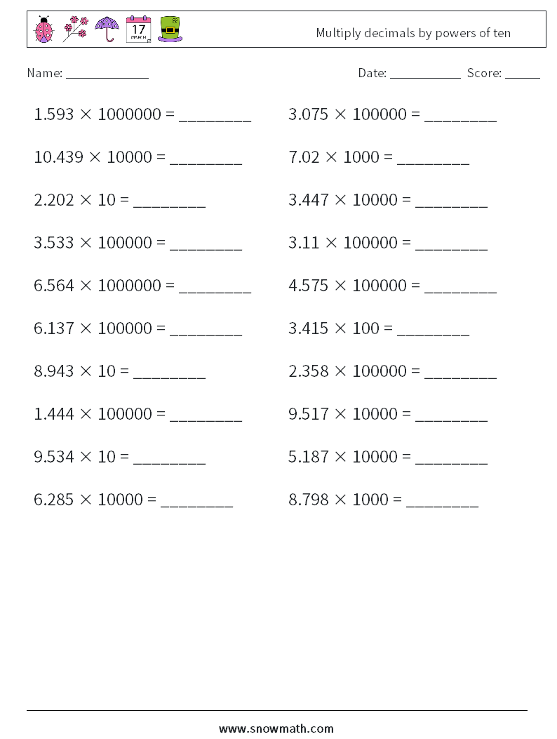 Multiply decimals by powers of ten Maths Worksheets 9