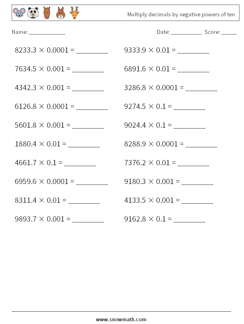 Multiply decimals by negative powers of ten Maths Worksheets 1