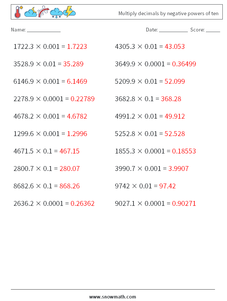 Multiply decimals by negative powers of ten Maths Worksheets 10 Question, Answer