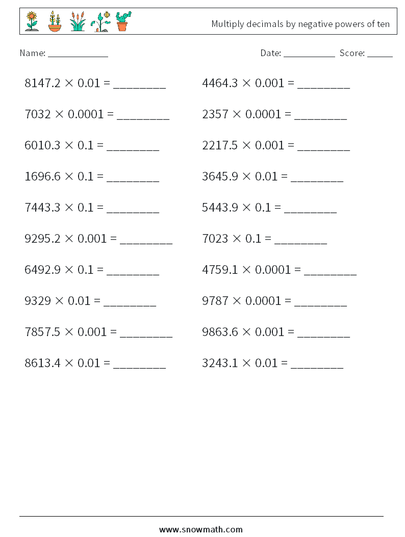 Multiply decimals by negative powers of ten Maths Worksheets 11