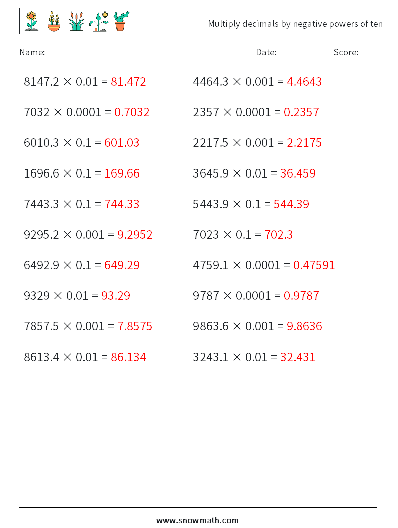 Multiply decimals by negative powers of ten Maths Worksheets 11 Question, Answer