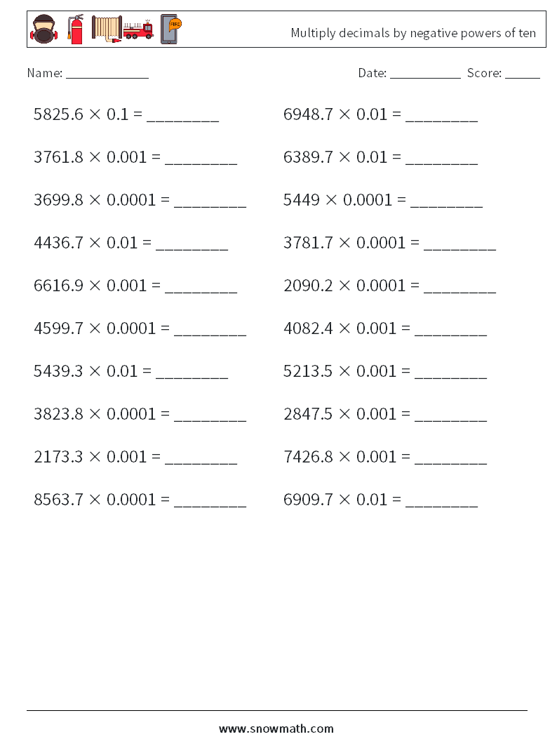 Multiply decimals by negative powers of ten Maths Worksheets 15