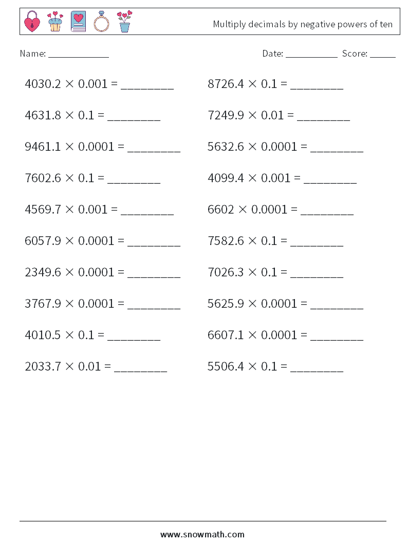 Multiply decimals by negative powers of ten Maths Worksheets 18