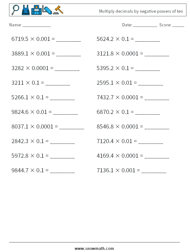 Multiply decimals by negative powers of ten Maths Worksheets 2