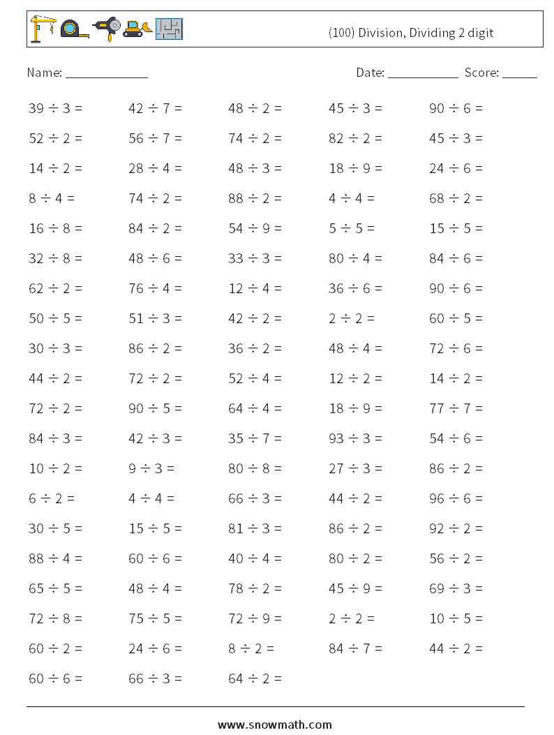 (100) Division, Dividing 2 digit Maths Worksheets 1