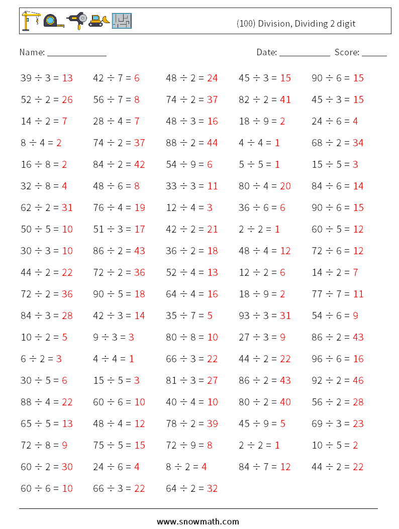 (100) Division, Dividing 2 digit Maths Worksheets 1 Question, Answer