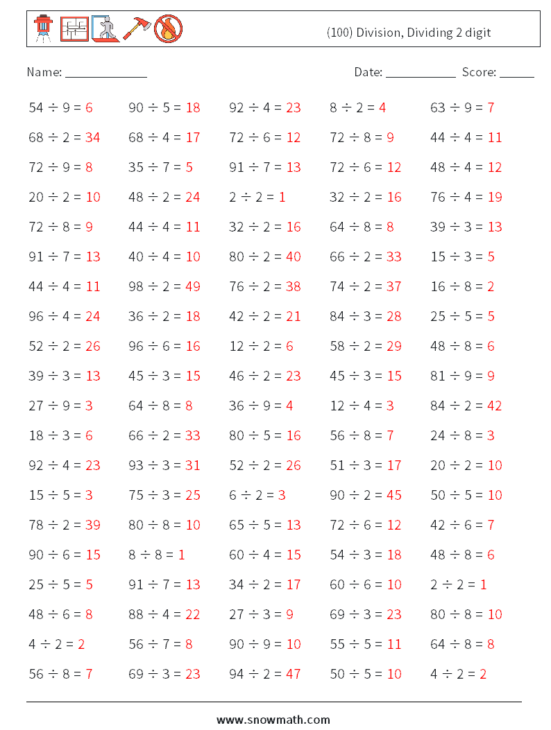 (100) Division, Dividing 2 digit Maths Worksheets 3 Question, Answer