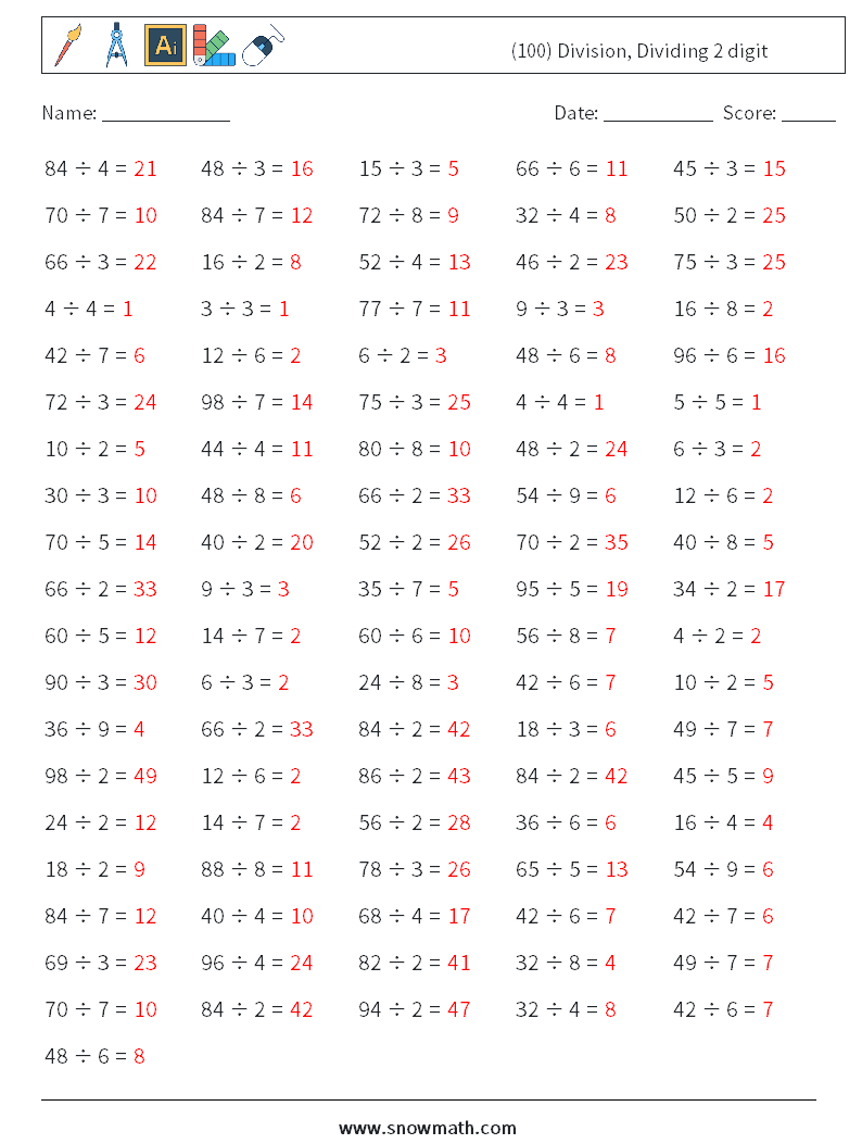 (100) Division, Dividing 2 digit Maths Worksheets 4 Question, Answer