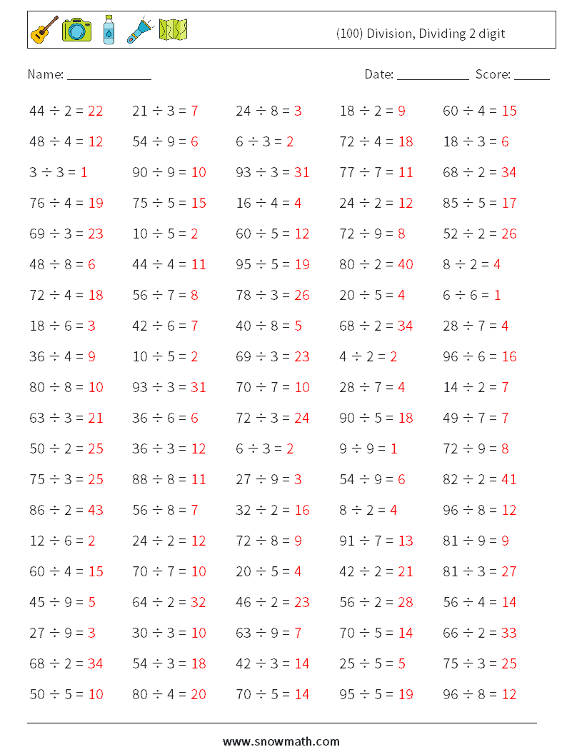 (100) Division, Dividing 2 digit Maths Worksheets 5 Question, Answer