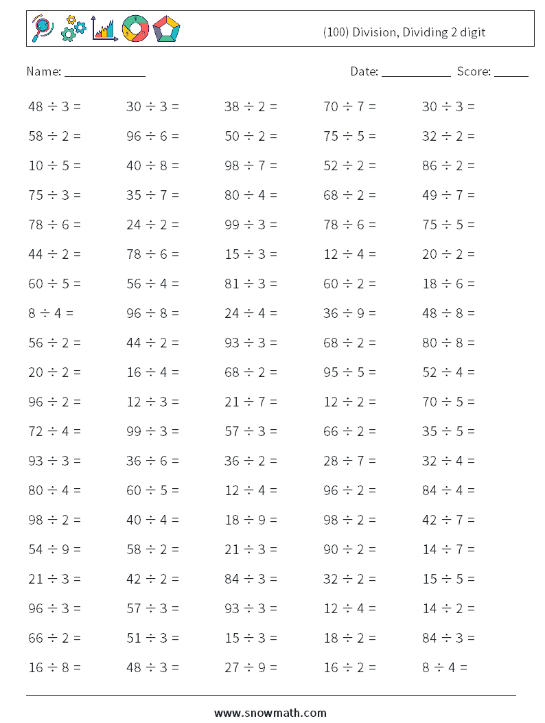 (100) Division, Dividing 2 digit Maths Worksheets 6