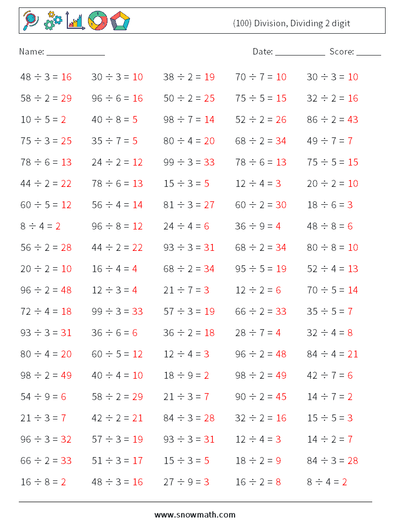 (100) Division, Dividing 2 digit Maths Worksheets 6 Question, Answer