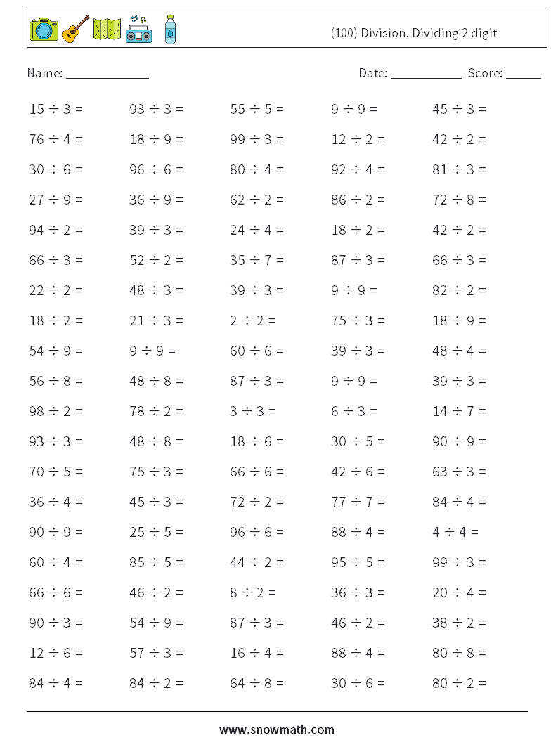 (100) Division, Dividing 2 digit Maths Worksheets 7