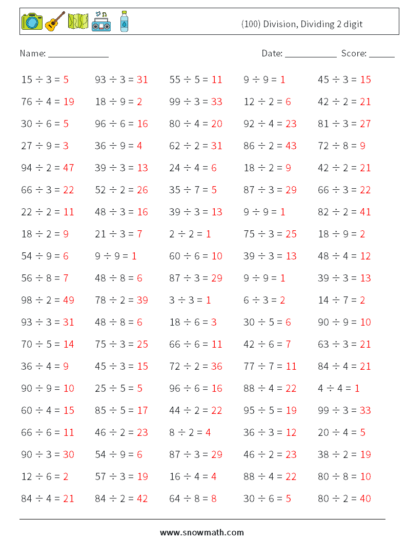 (100) Division, Dividing 2 digit Maths Worksheets 7 Question, Answer