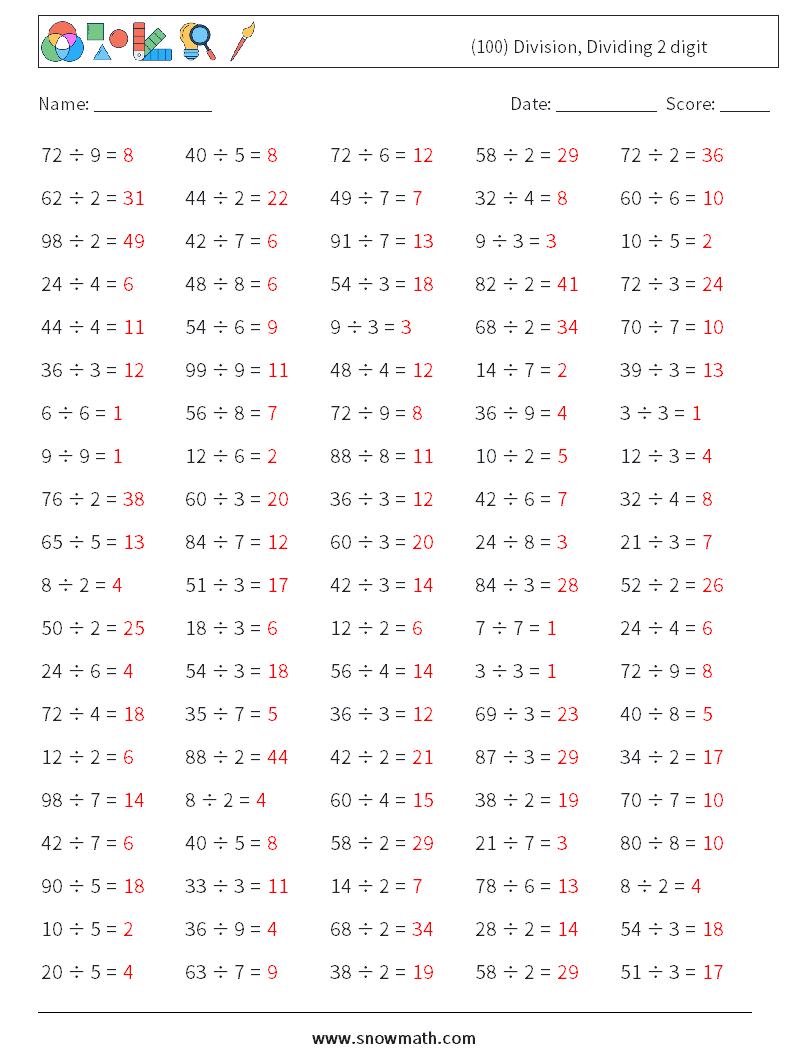(100) Division, Dividing 2 digit Maths Worksheets 8 Question, Answer