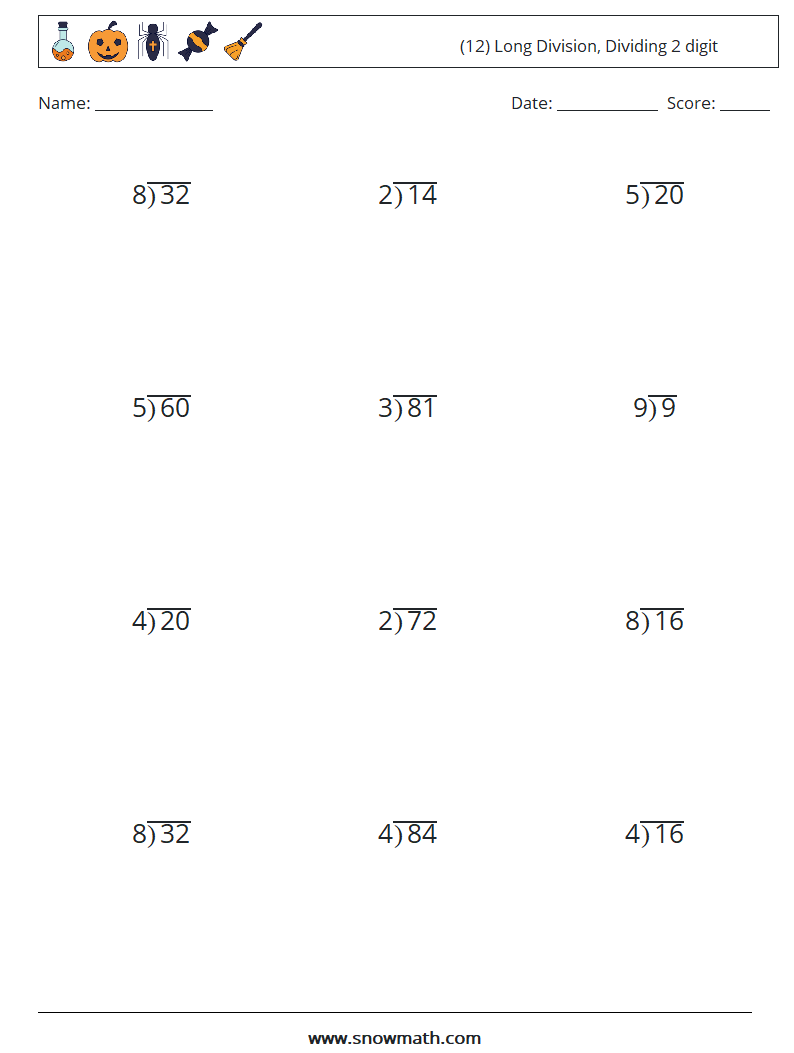 (12) Long Division, Dividing 2 digit Maths Worksheets 10