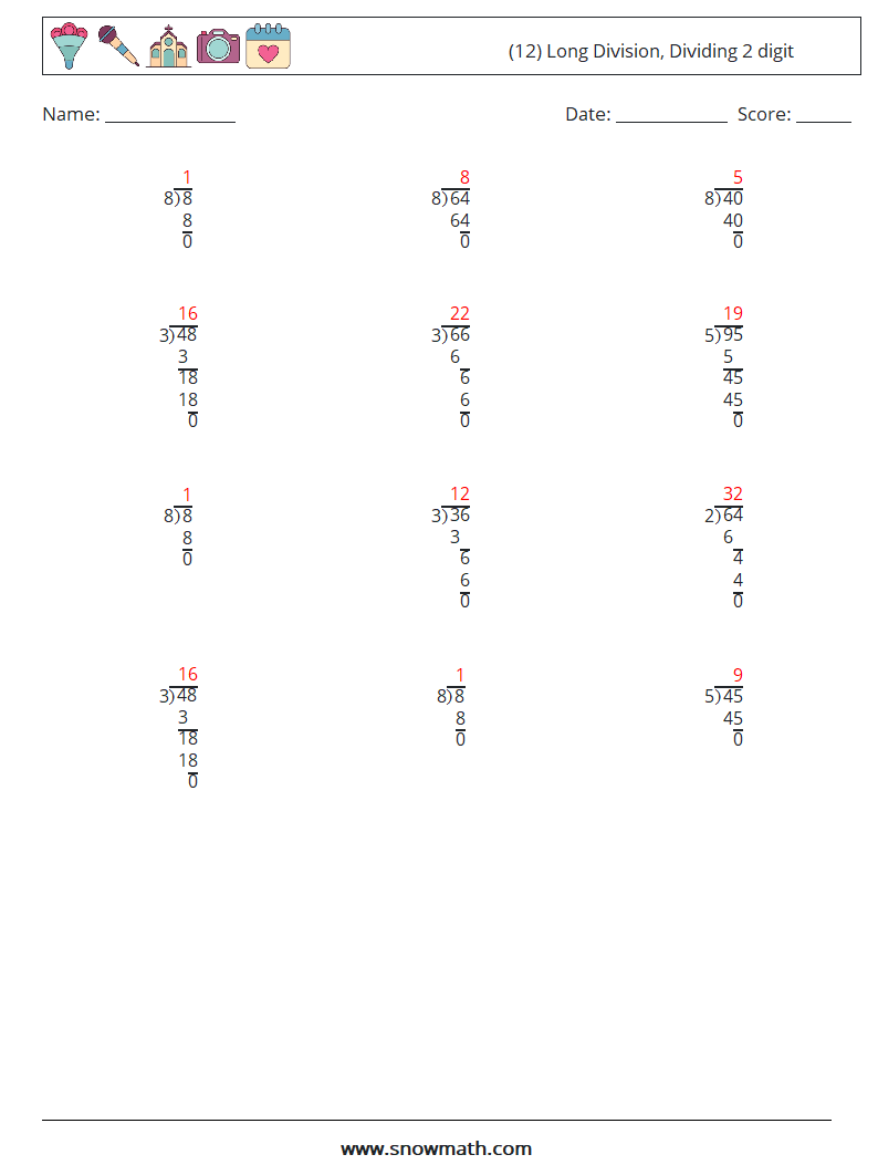 (12) Long Division, Dividing 2 digit Maths Worksheets 12 Question, Answer