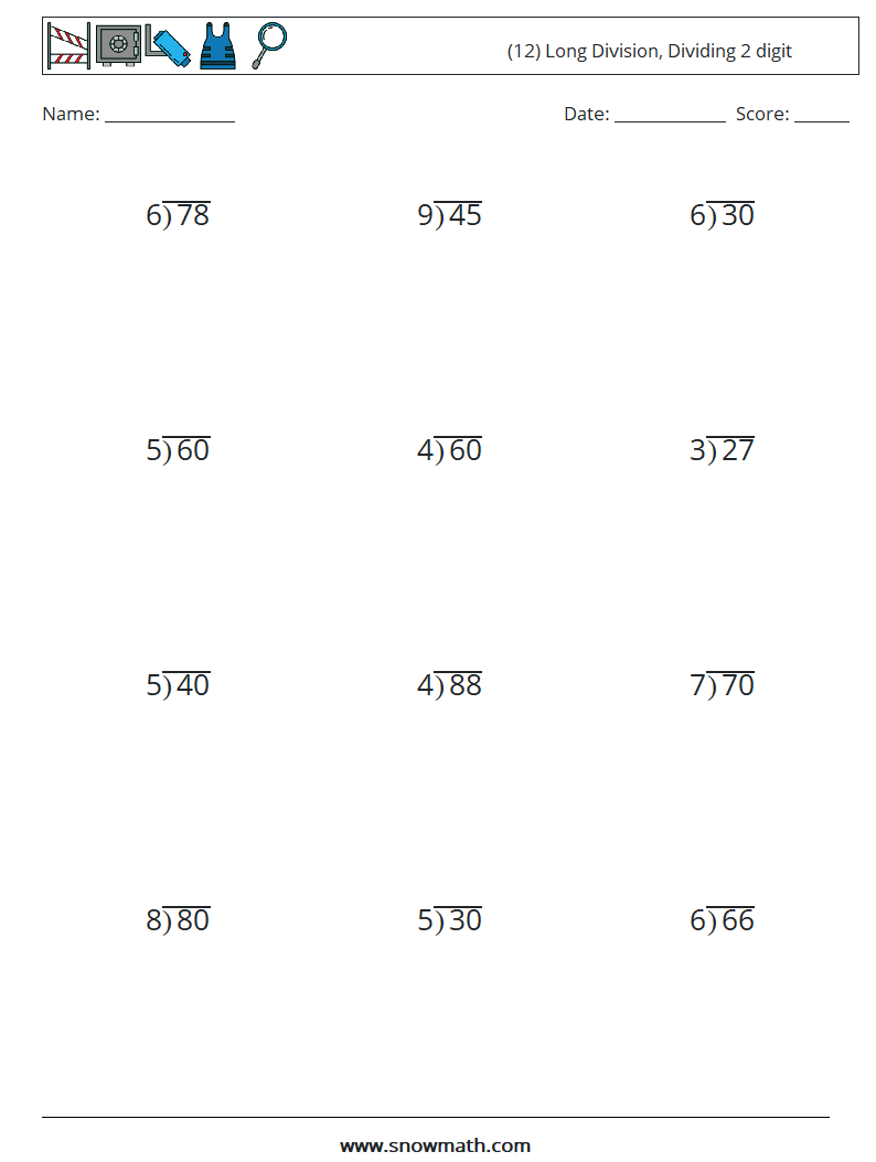 (12) Long Division, Dividing 2 digit Maths Worksheets 15