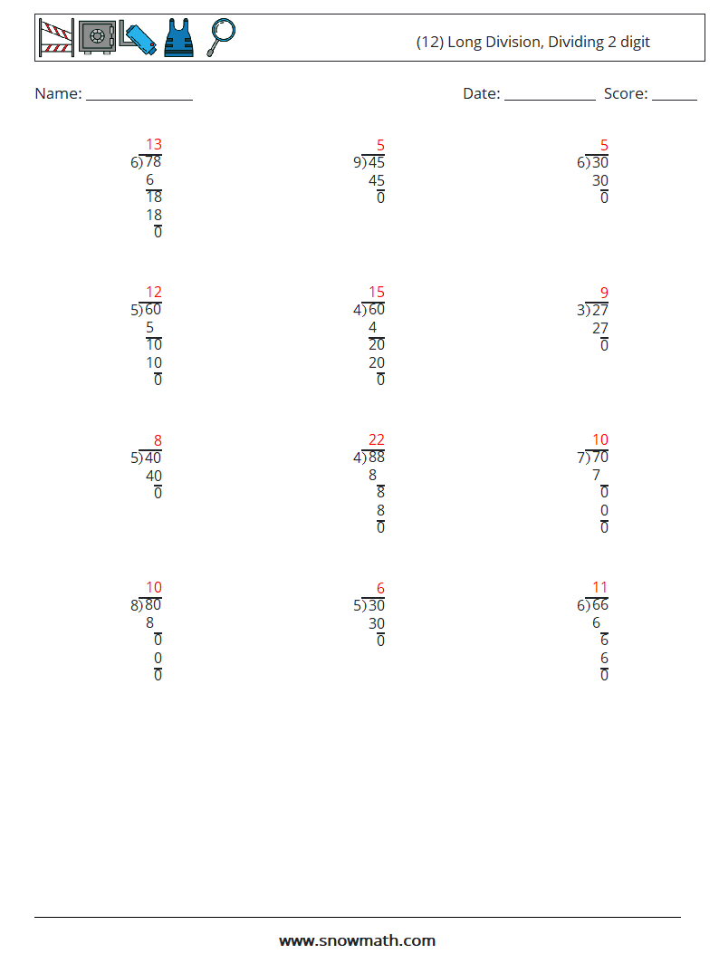 (12) Long Division, Dividing 2 digit Maths Worksheets 15 Question, Answer