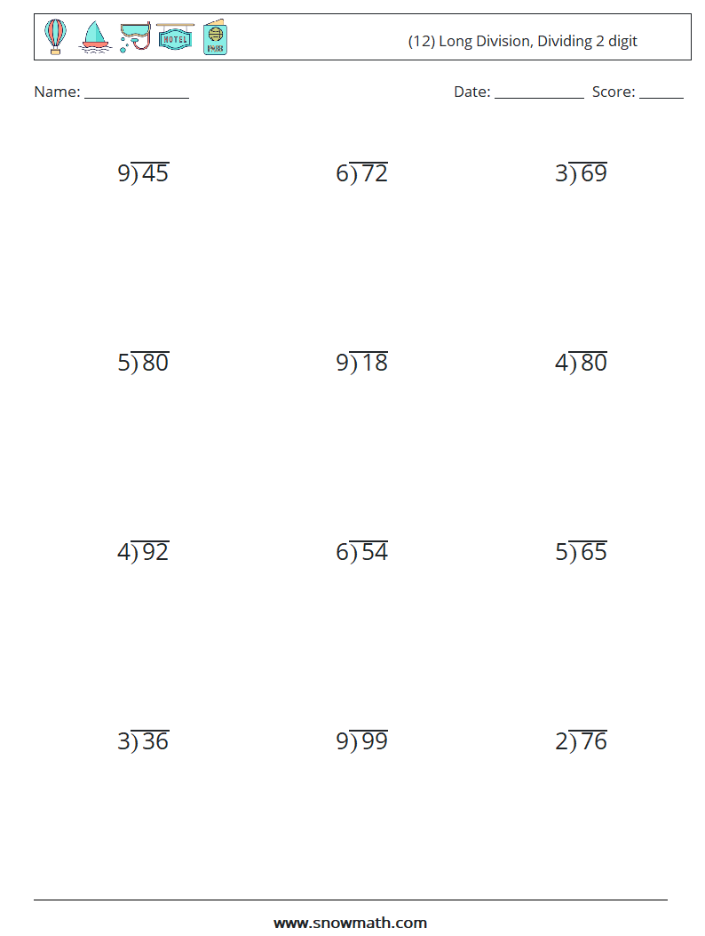 (12) Long Division, Dividing 2 digit Maths Worksheets 16