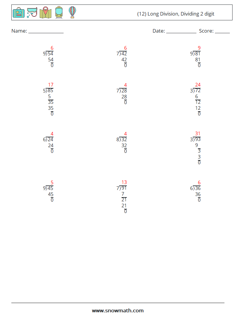 (12) Long Division, Dividing 2 digit Maths Worksheets 17 Question, Answer