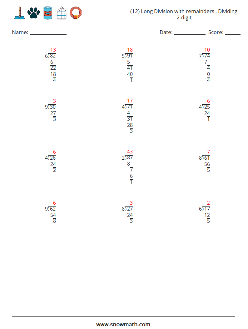 (12) Long Division with remainders , Dividing 2-digit Maths Worksheets 17 Question, Answer