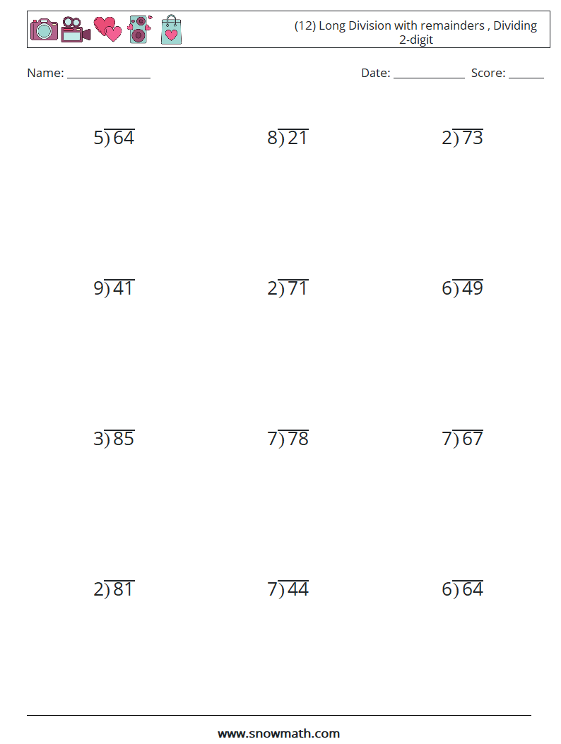 (12) Long Division with remainders , Dividing 2-digit Maths Worksheets 18