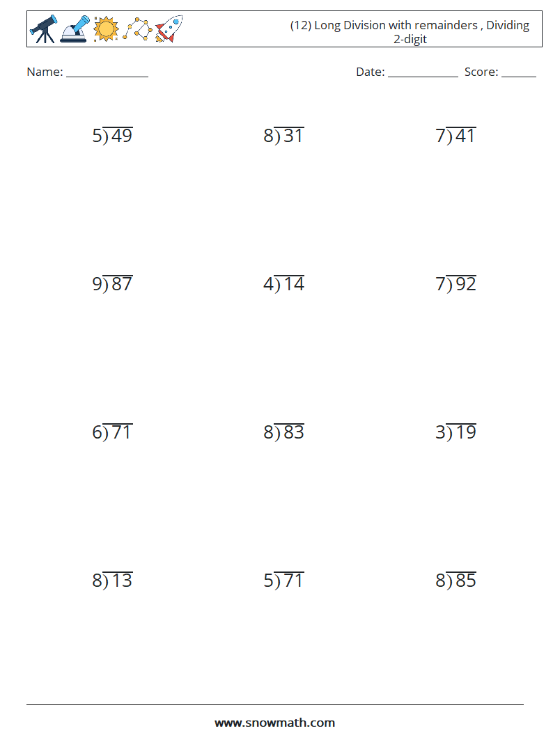 (12) Long Division with remainders , Dividing 2-digit Maths Worksheets 5