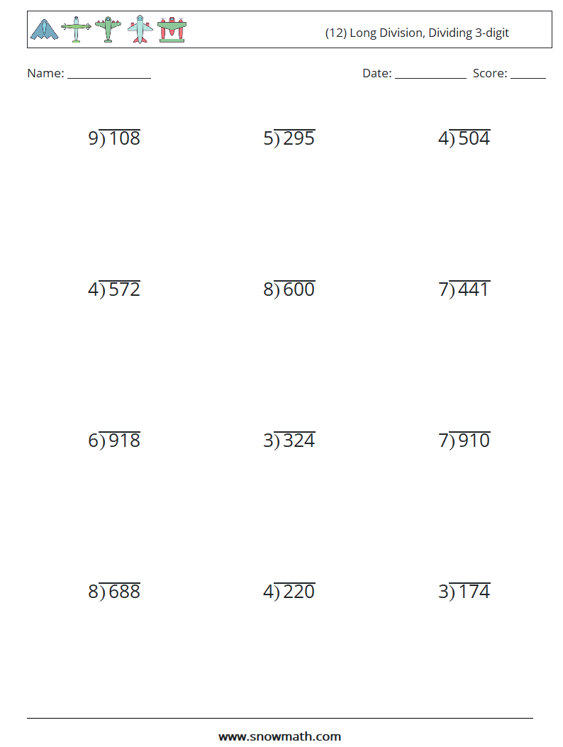 (12) Long Division, Dividing 3-digit Maths Worksheets 12