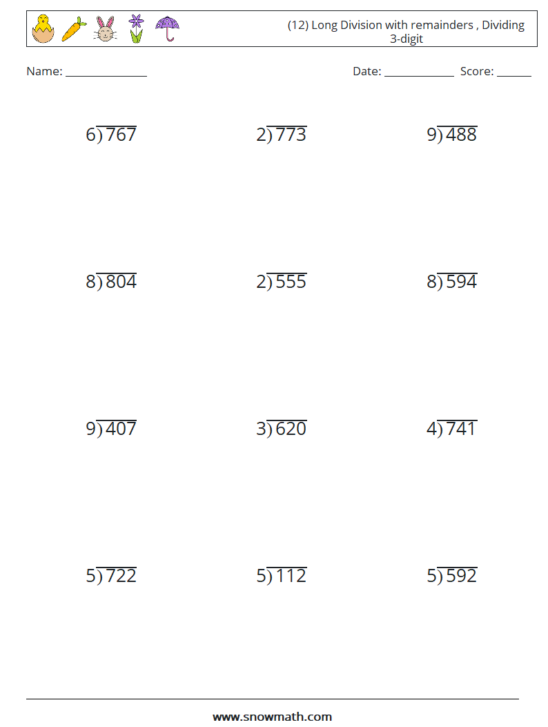 (12) Long Division with remainders , Dividing 3-digit Maths Worksheets 1