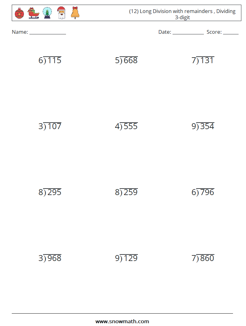 (12) Long Division with remainders , Dividing 3-digit Maths Worksheets 10