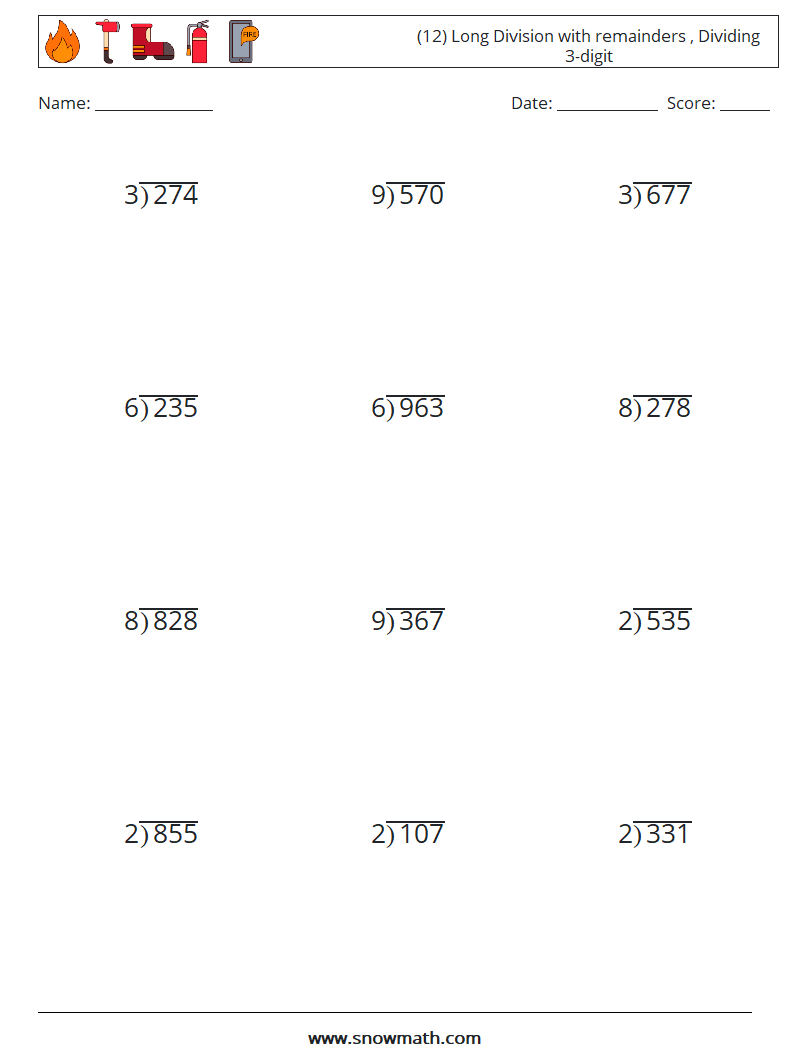 (12) Long Division with remainders , Dividing 3-digit Maths Worksheets 11